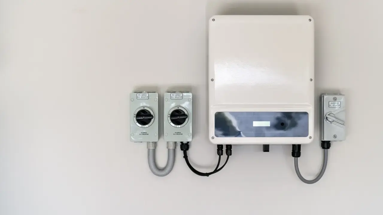 En vit vägg med en solcells-växelriktare och tre D.C. isolatorer. En del av systemet för att omvandla solenergi till el.
