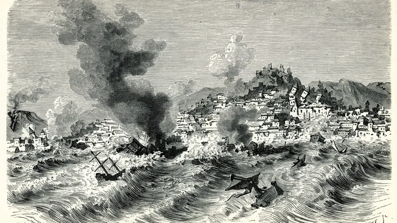 Das Erdbeben in Lissabon 1755: Zerstörung, Brände und ein Tsunami verwüsten die Stadt und die Küste. Schiffe kentern in den Wellen.