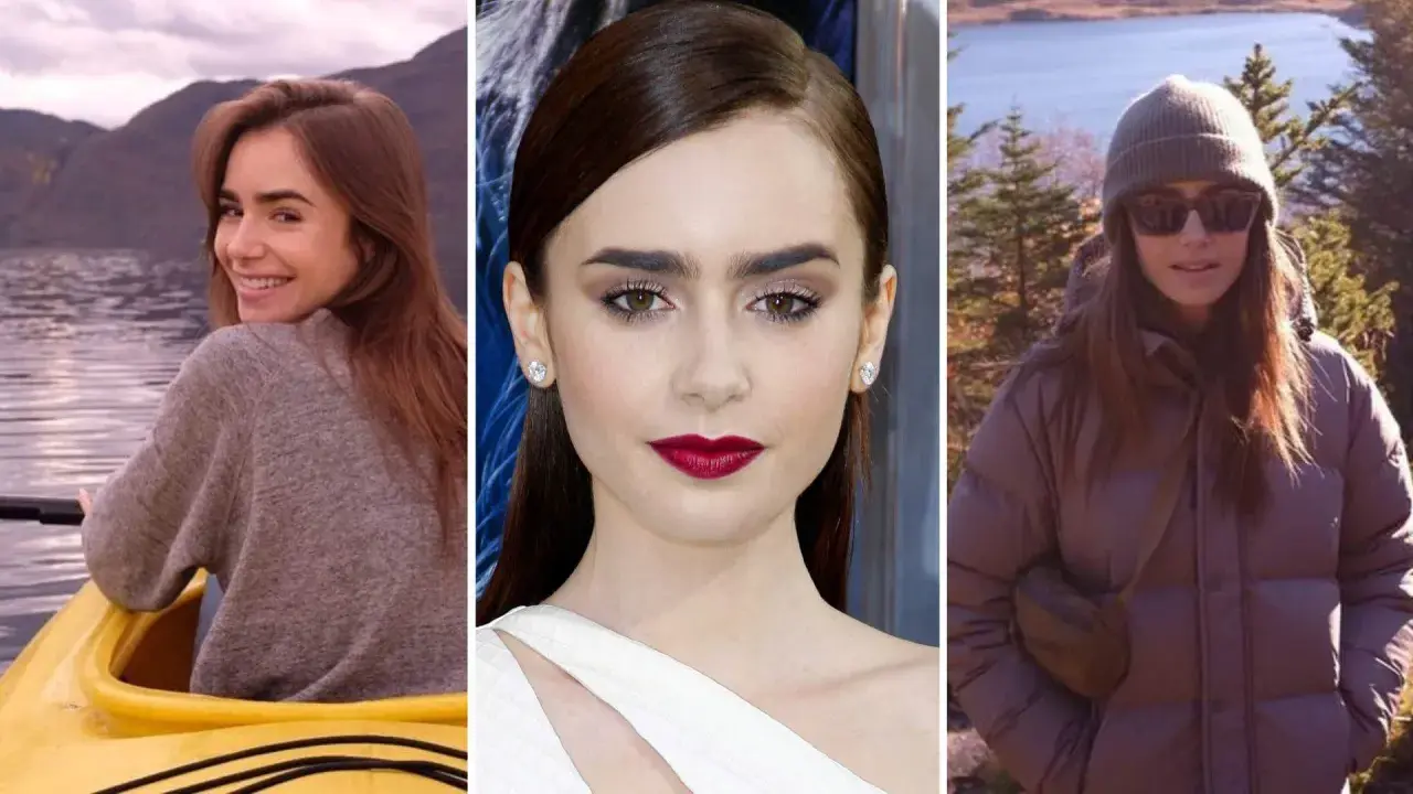 Lily Collins i en gul kajak, nära en sjö med berg. Lily Collins med smink och rött läppstift. Lily Collins i en dunjacka och mössa i naturen.
