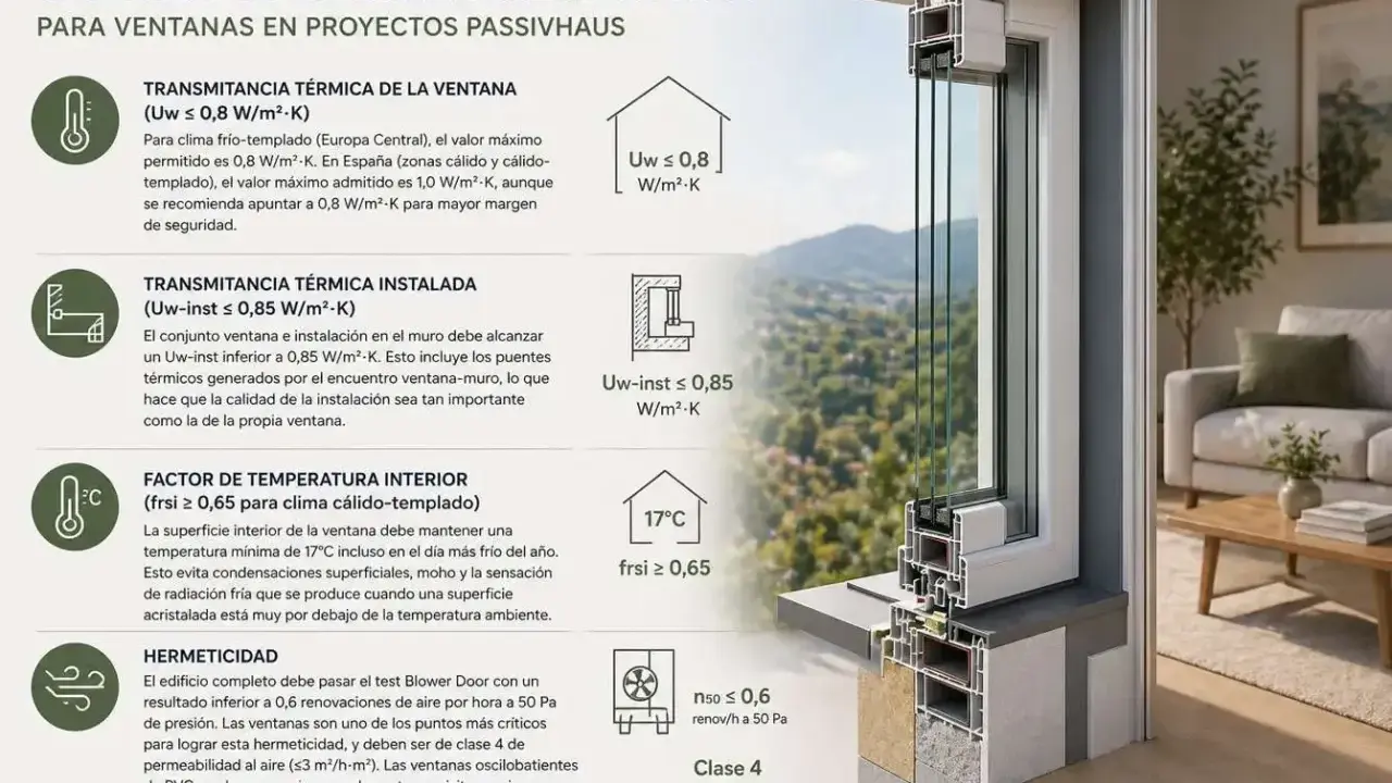 Detalle de ventanas passivhaus con criterios de transmitancia térmica, temperatura interior y hermeticidad.