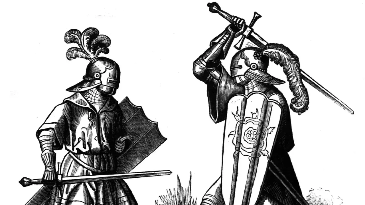 Zwei Ritter in voller Rüstung mit Federschmuck auf den Helmen und Schwertern in den Händen. Ein Kampf, der zeigt, wie wurde man ritter.