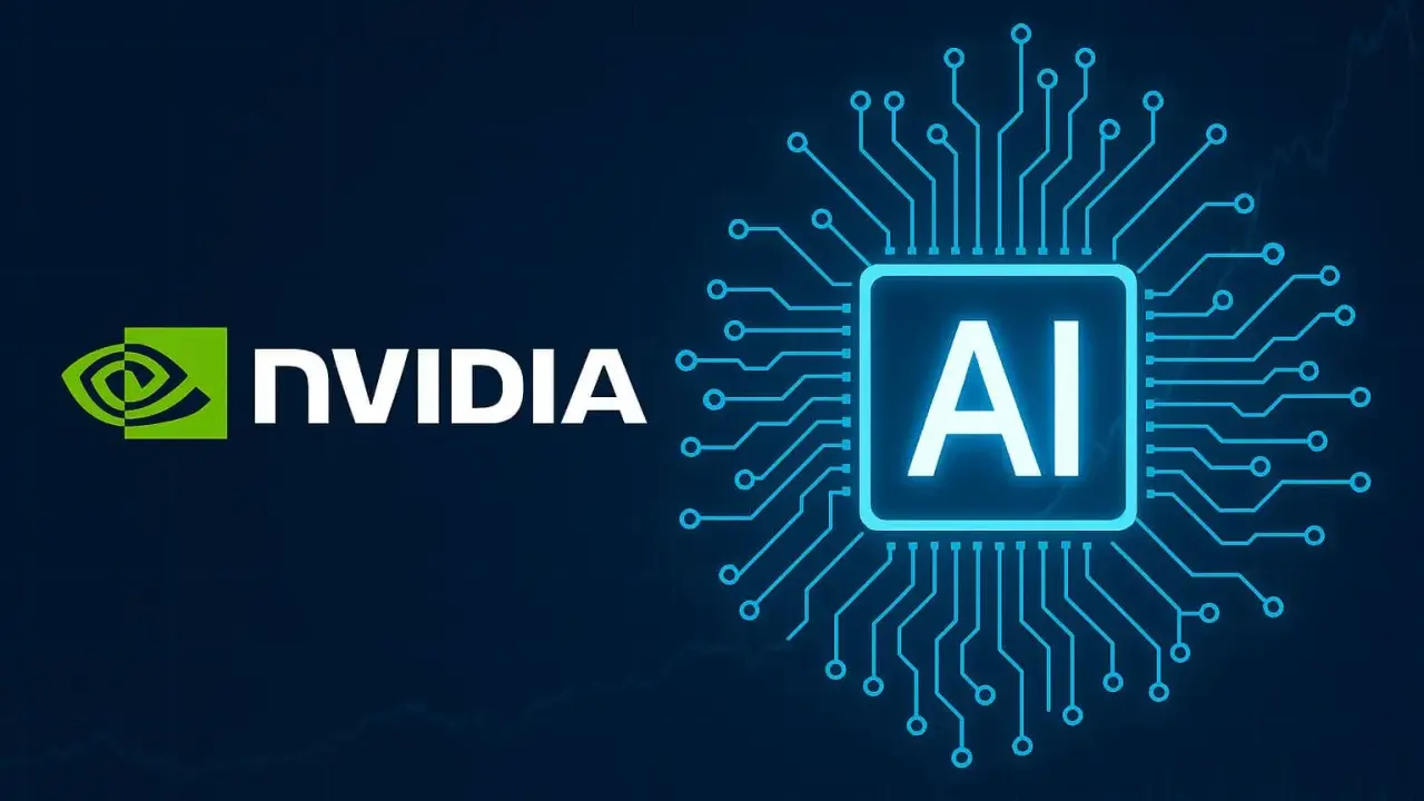 Logo NVIDIA i symbol AI na tle wykresu giełdowego. Nvidia akcje rosną dzięki sztucznej inteligencji.