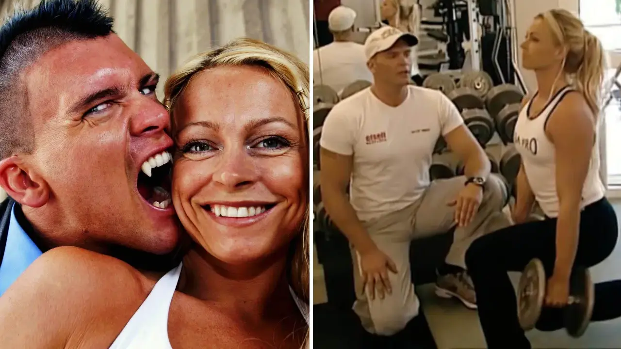 Zeke och Indra: en vampyr som biter en kvinna, och en kvinna som tränar med vikter på ett gym.
