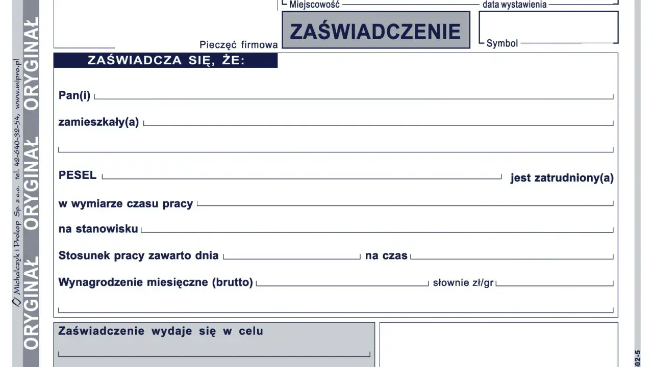 Formularz zaświadczenia o zatrudnieniu, zawierający dane pracownika, stanowisko, wynagrodzenie i cel wydania dokumentu.