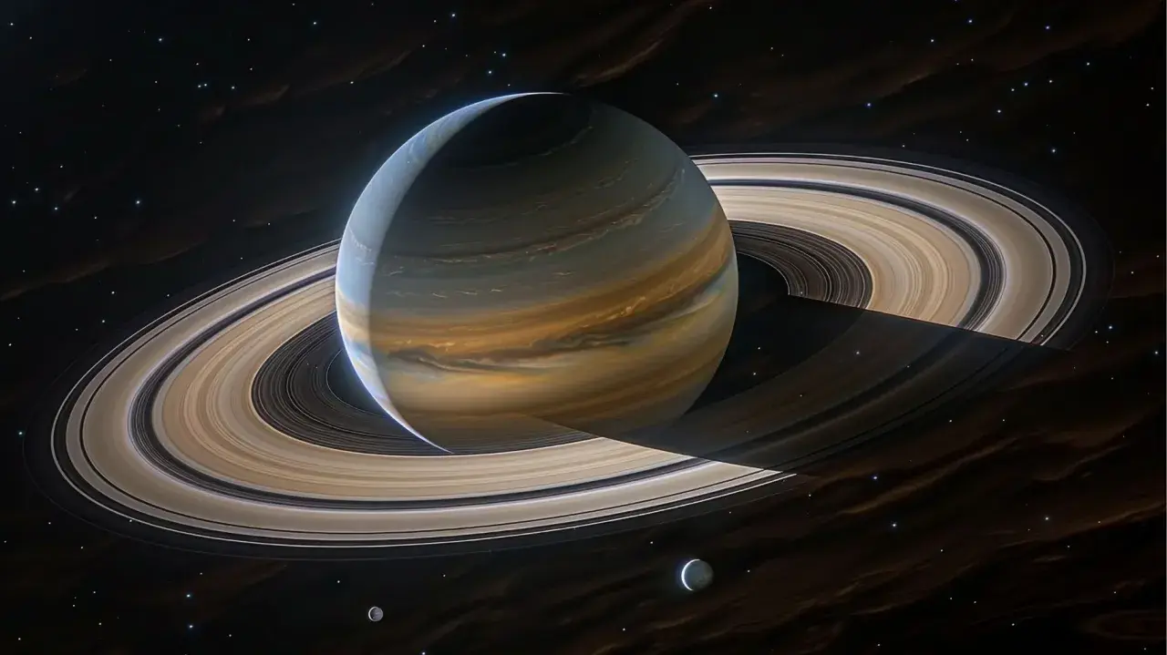 Saturn, majestatyczny **Saturn znak zodiaku**, otoczony pierścieniami, lśni w kosmosie.