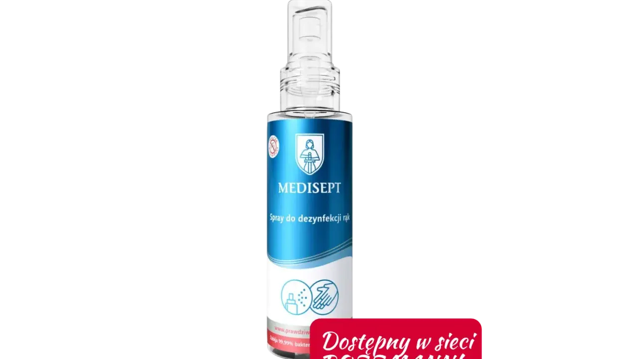 Butelka sprayu do dezynfekcji rąk MEDISEPT z napisem "Dostępny w sieci ROSSMANN!".