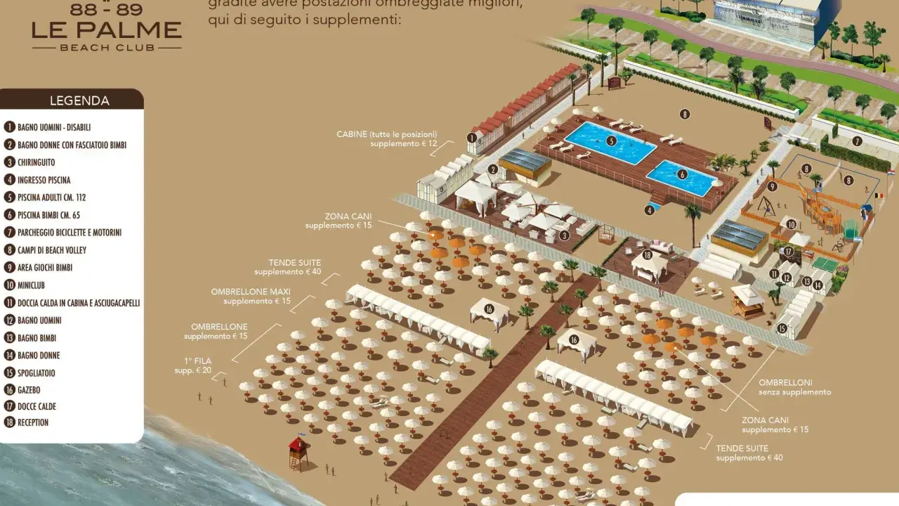 Mappa del Bagno 88-89 Le Palme Beach Club a Riccione, con piscine, aree giochi, campi da beach volley e servizi.
