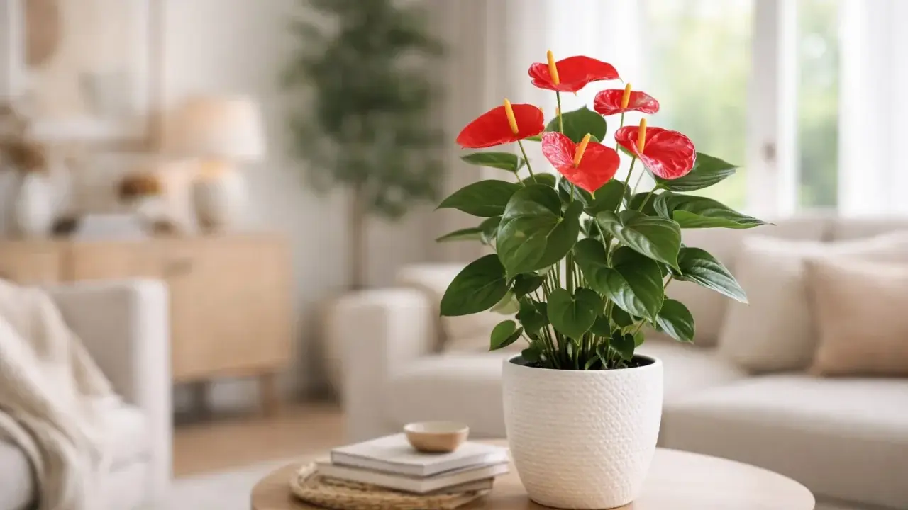 Anthurium rouge vif, une langue de feu éclatante, sur une table basse dans un salon cosy.