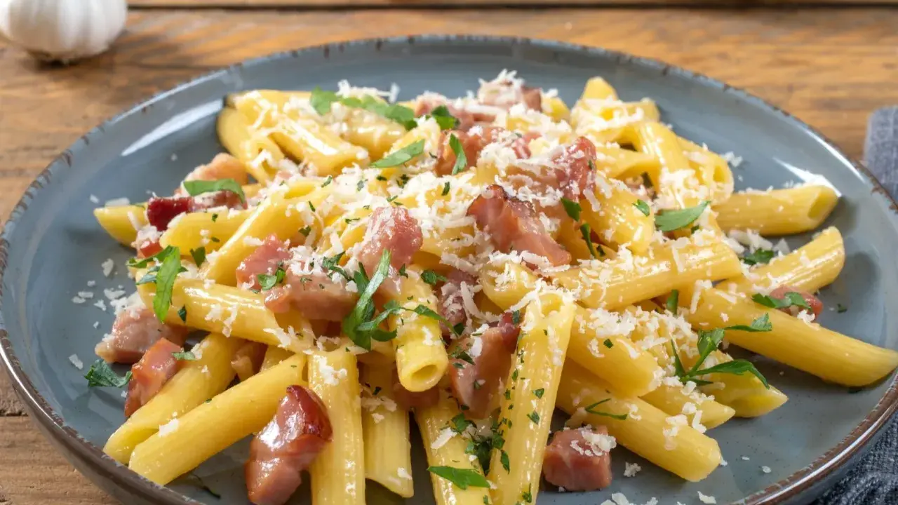 Penne rigate z chrupiącym boczkiem, posypane parmezanem i natką pietruszki. Idealny makaron z boczkiem na szybki obiad.