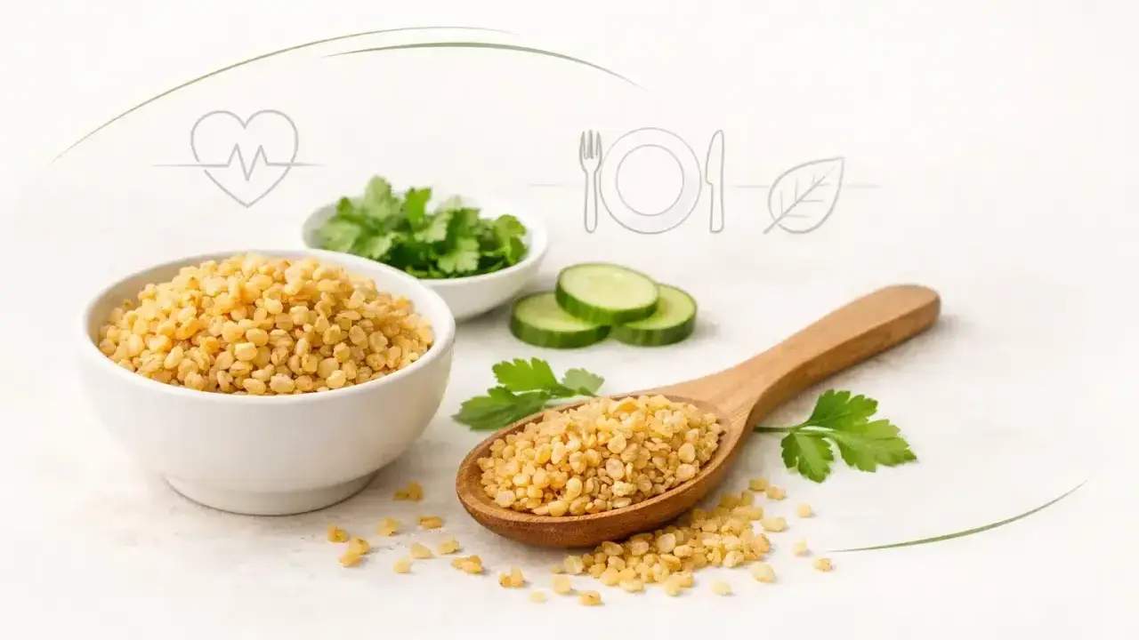 Kasza bulgur w misce i na łyżce, obok plasterki ogórka i zielenina. Czy kasza bulgur jest zdrowa? Tak, to bogactwo błonnika i witamin.