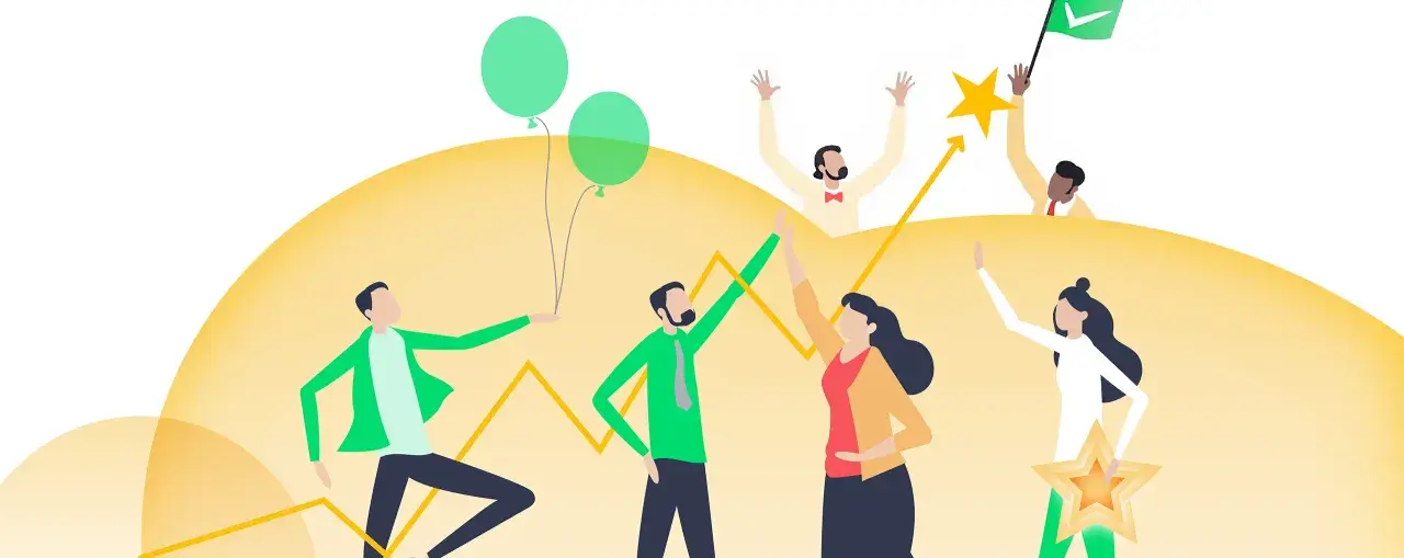 Succesvolle medewerkers vieren successen met ballonnen en sterren. Coaching medewerkers helpt teams groeien.
