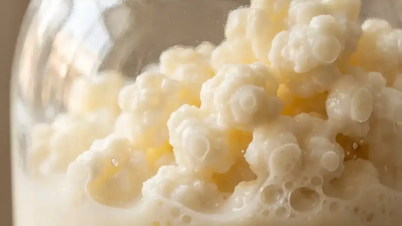 Milch-Kefir-Kulturen in einem Glas, bereit zur Fermentation. Diese lebenden Organismen wandeln Milch in ein probiotisches Getränk um.