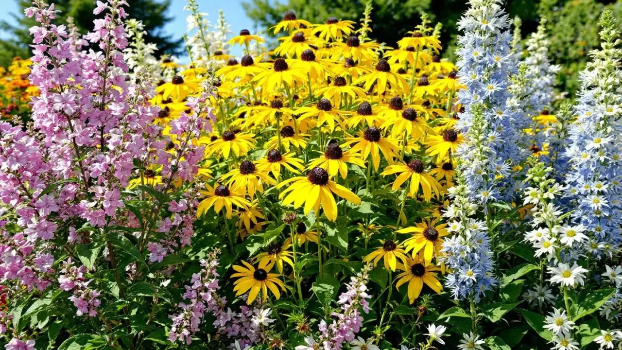 Un parterre coloré de fleurs jaunes, roses et bleues. La plante vivace aux fleurs jaunes, qui fleurit de mai à octobre, domine le centre.