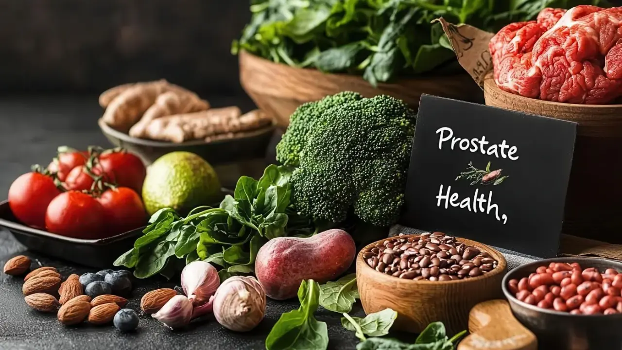 Zdjęcie przedstawia kompozycję zdrowych produktów spożywczych, takich jak warzywa, owoce i orzechy, z tabliczką "Prostate Health".