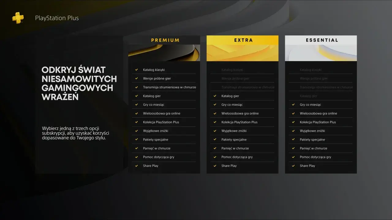 Porównanie planów PlayStation Plus: Essential, Extra i Premium. Sprawdź ps plus ceny i wybierz najlepszą subskrypcję dla siebie.