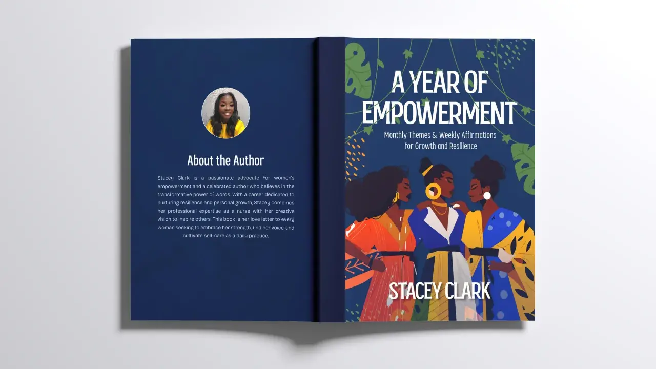 Comment faire la couverture d'un livre : livre "A Year of Empowerment" par Stacey Clark, avec illustration de femmes et texte sur l'autrice.
