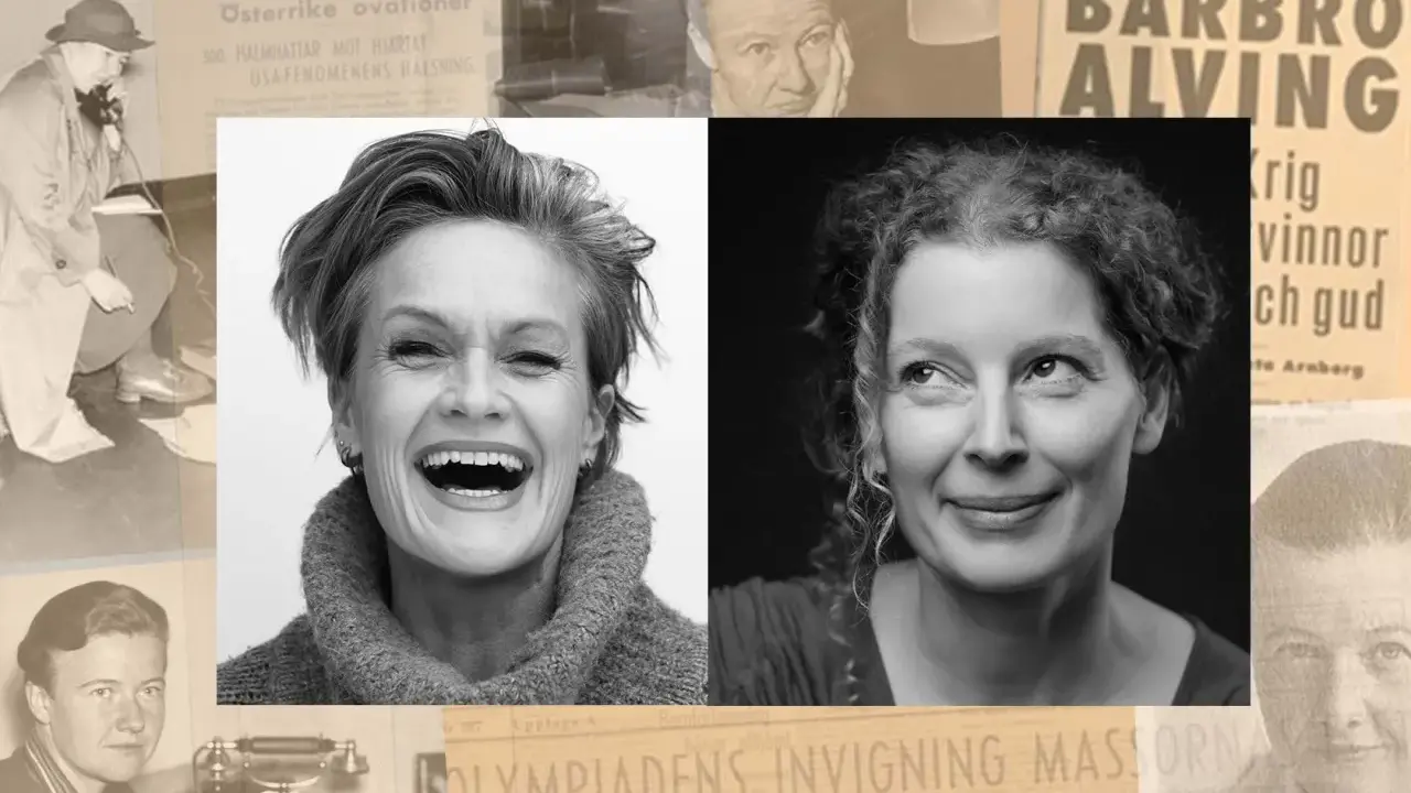 Barbro Alving, en pionjär inom svensk journalistik, porträtterad i olika epoker. Hennes livsverk speglas i tidningsurklipp och moderna foton.