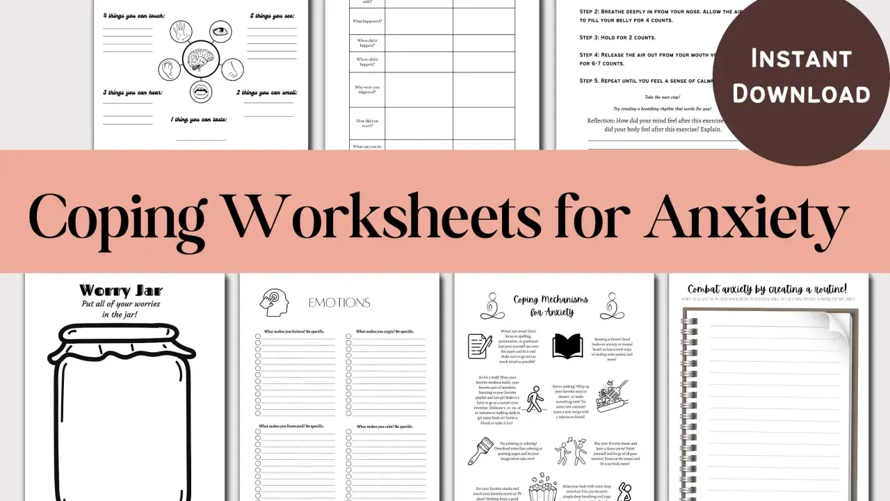 Zestaw kart pracy "Coping Worksheets for Anxiety" pomaga radzić sobie z lękiem, oferując ćwiczenia takie jak metoda uziemiająca i techniki oddechowe.