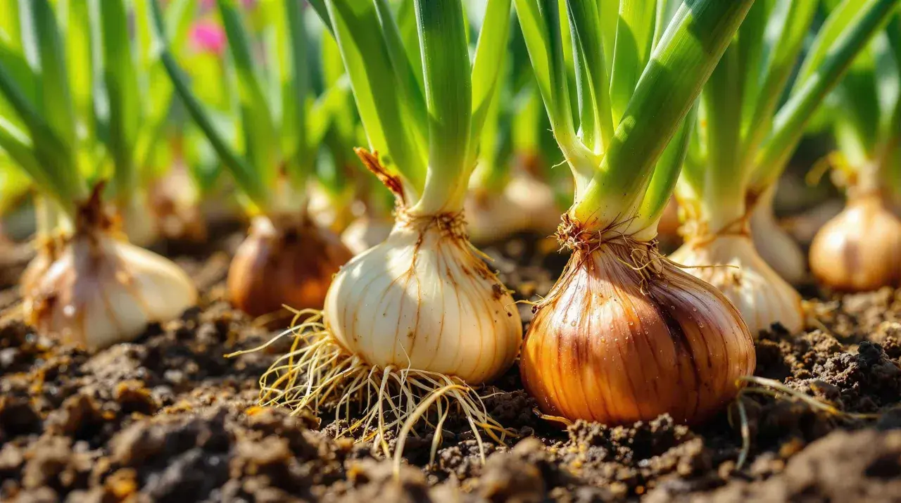 Oignons blancs et bruns en pleine terre, prêts à pousser. Idéal pour savoir que planter à côté des oignons pour un potager florissant.
