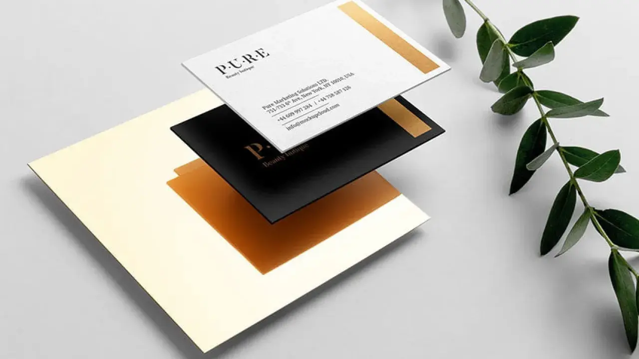 Diseño elegante de tarjetas de visita PURE Beauty Boutique. Ideas para como diseñar una tarjeta de visita con detalles dorados y tipografía minimalista.