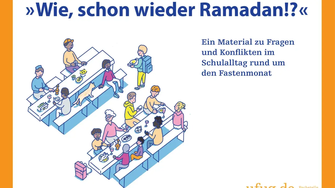 Illustration von Kindern, die sich um Tische versammeln. Ein Material zu Fragen und Konflikten im Schulalltag rund um den Fastenmonat.