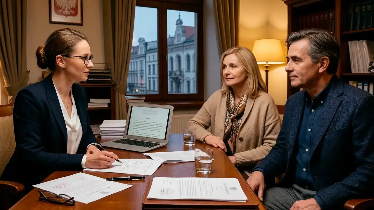 Prawniczka wyjaśnia parze, co to intercyza, podczas spotkania w kancelarii.