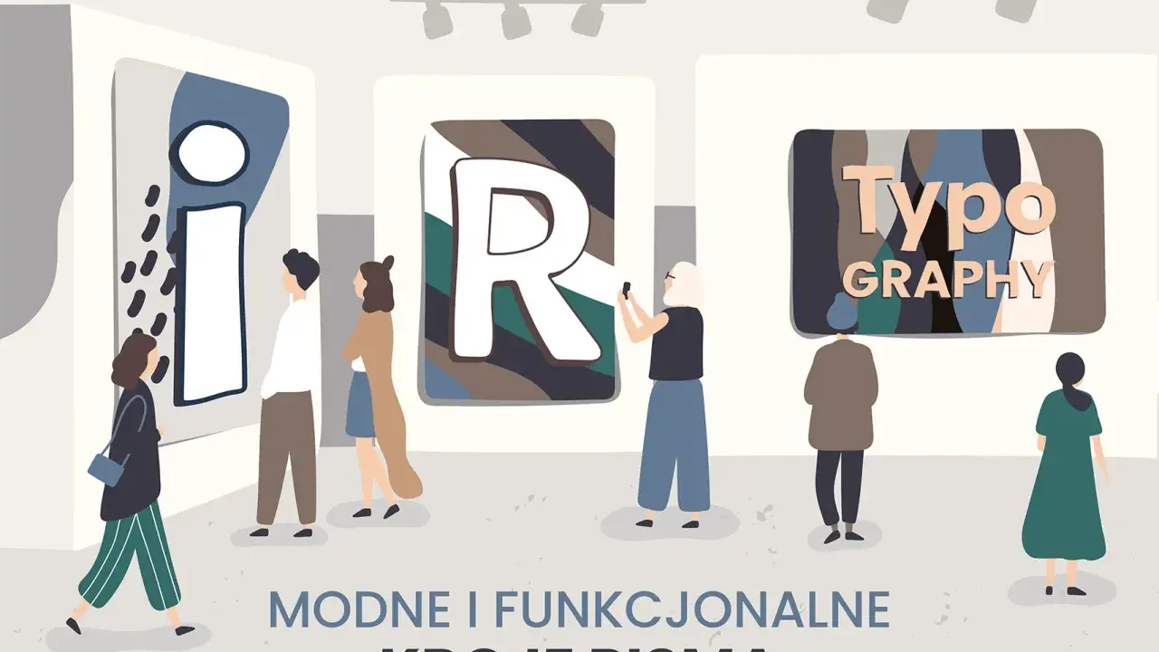 Wystawa prezentuje nowoczesne kroje pisma, gdzie dziwne czcionki tworzą artystyczne kompozycje. Ludzie podziwiają litery na plakatach.