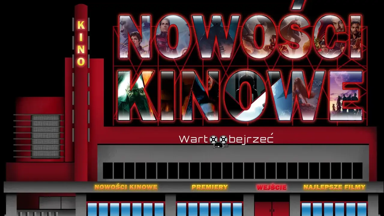 Neonowy napis "NOWOŚCI KINOWE" na tle kina z klatkami filmowymi w literach.