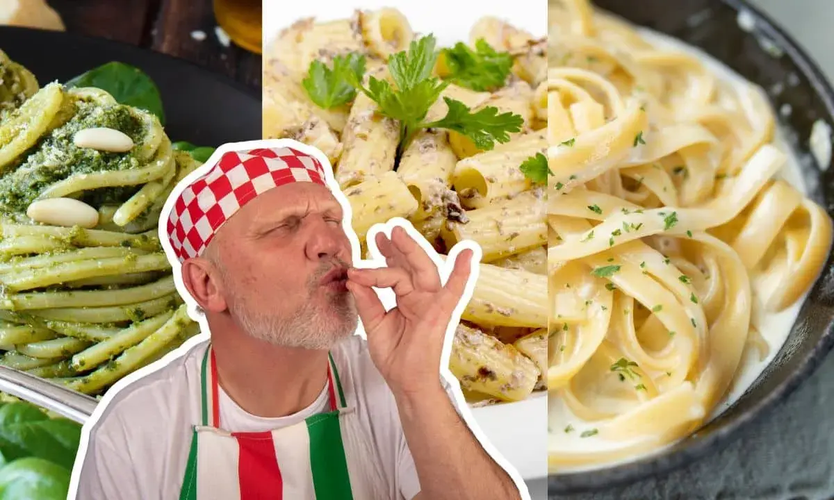 Un chef savoure trois plats de pâtes : pesto, rigatoni crémeux et fettuccine Alfredo. La forme de pâte parfaite pour chaque envie.
