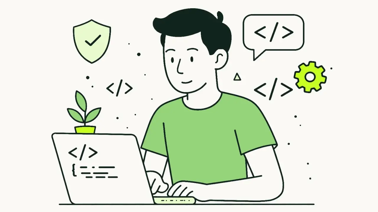 Młody programista pracuje przy laptopie, otoczony symbolami kodu i rozwoju. Angielski w IT to klucz do jego sukcesu.
