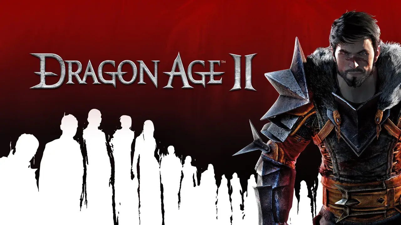Mroczny wojownik w zbroi, obok niego białe sylwetki ludzi. Tytuł gry Dragon Age II.