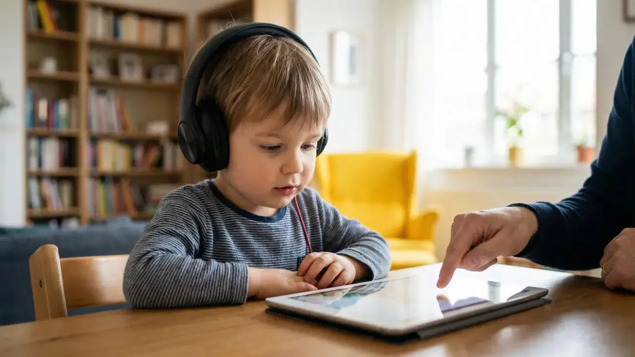 Chłopiec w słuchawkach uczy się zasad bezpiecznego korzystania z internetu dla dzieci, korzystając z tabletu pod okiem dorosłego.