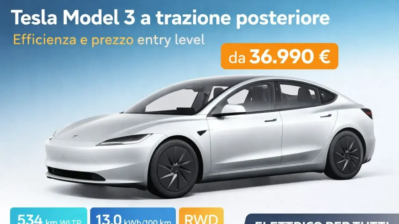 Tesla Model 3 RWD con 534 km di autonomia WLTP, ideale per chi cerca efficienza e un prezzo entry level.