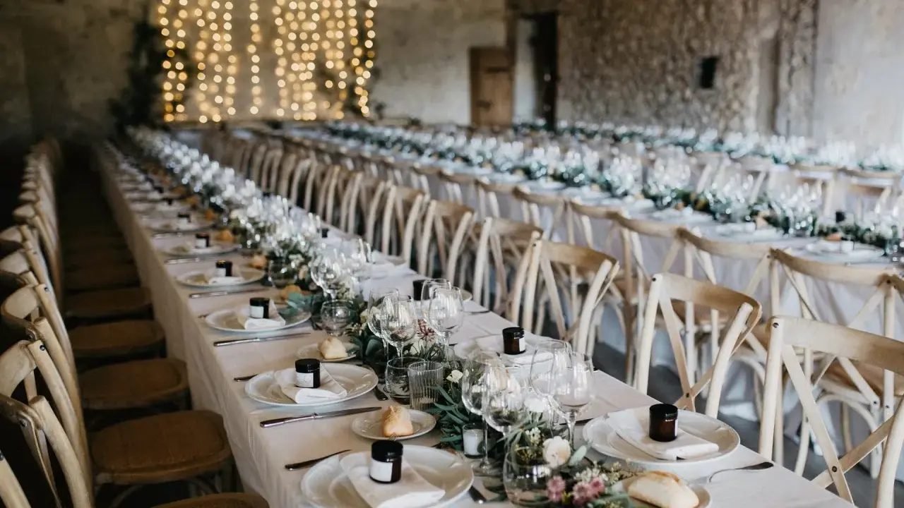 Długi stół weselny, przygotowany na przyjęcie. Czy to już poprawiny? Eleganckie nakrycia, świece i kwiaty tworzą magiczną atmosferę.