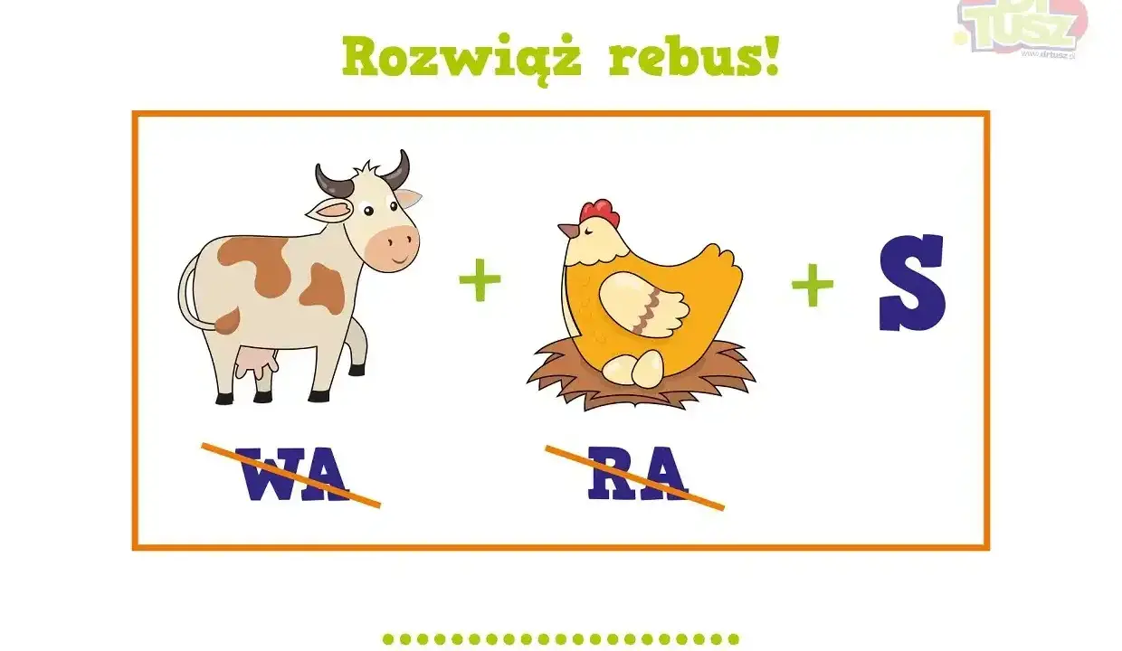 Rozwiąż rebus! Krowa (bez WA) + kura (bez RA) + S = ? Zabawne rebus dla dzieci do druku.