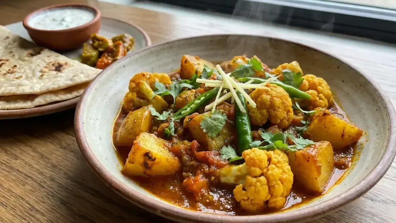 En härlig portion indisk mat med blomkål, potatis och gröna chili i en kryddig sås, serverad med naanbröd och raita.
