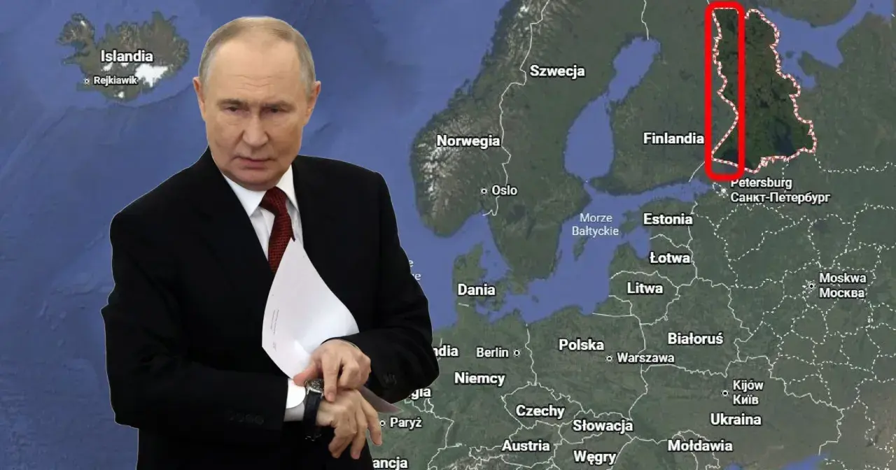 Władimir Putin na tle mapy Europy z zaznaczonym fragmentem Finlandii.