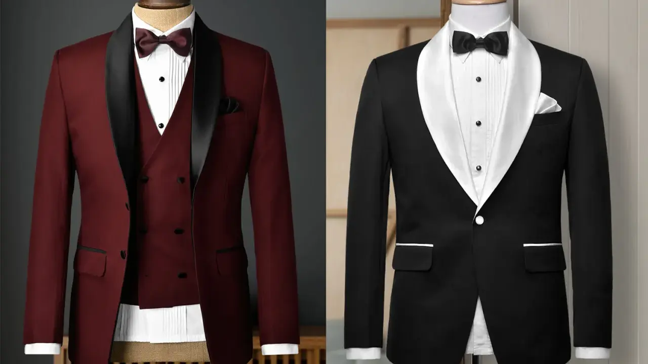 Two elegant tux combinations: a burgundy suit with a black satin lapel and a classic black tuxedo with a white satin lapel.