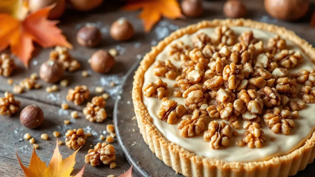 Une délicieuse tarte aux noix crémeuse, garnie de noix entières et de morceaux, sur un fond rustique avec des feuilles d'automne.