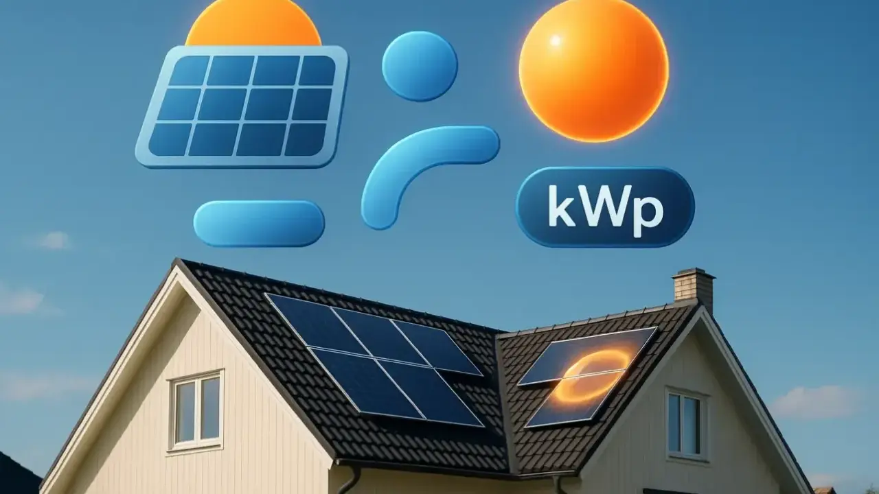 Hus med solpaneler på taket. Symboler för sol, energi och kWp illustrerar effekt solpanel.