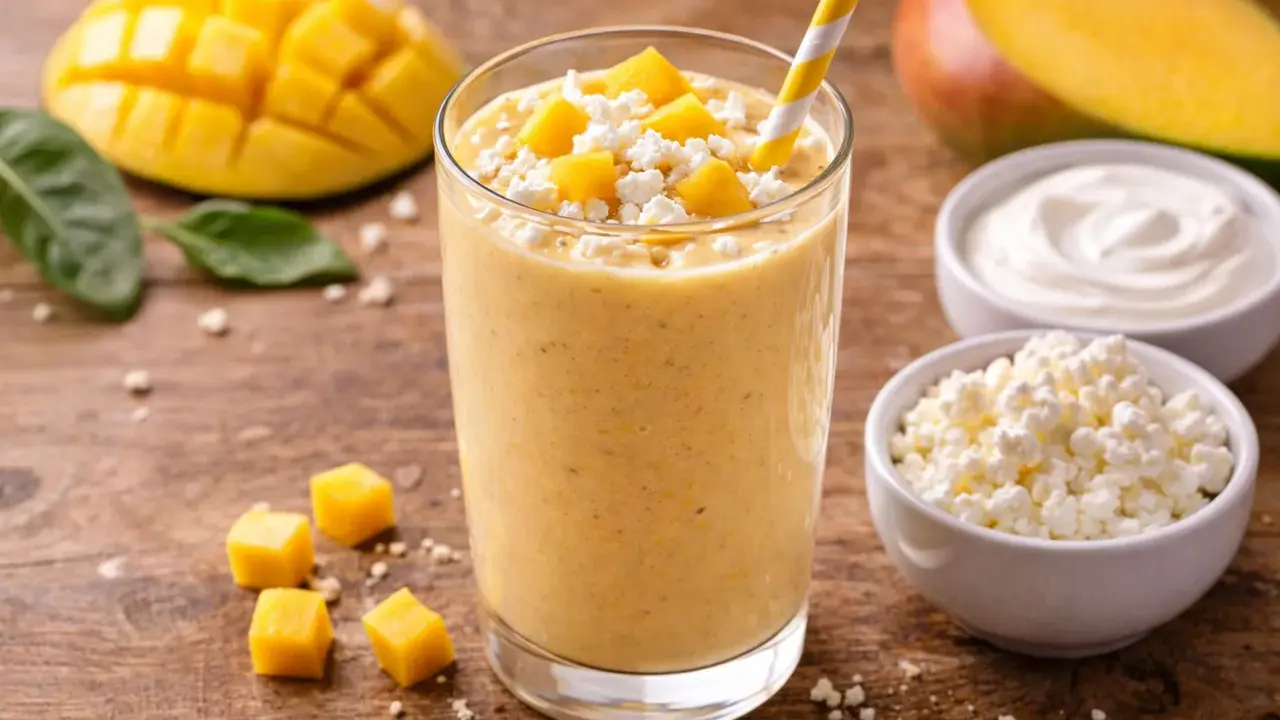 Orzeźwiający koktajl z mango, udekorowany kostkami owocu i serem. Obok leżą świeże mango i miseczki z jogurtem i twarożkiem.