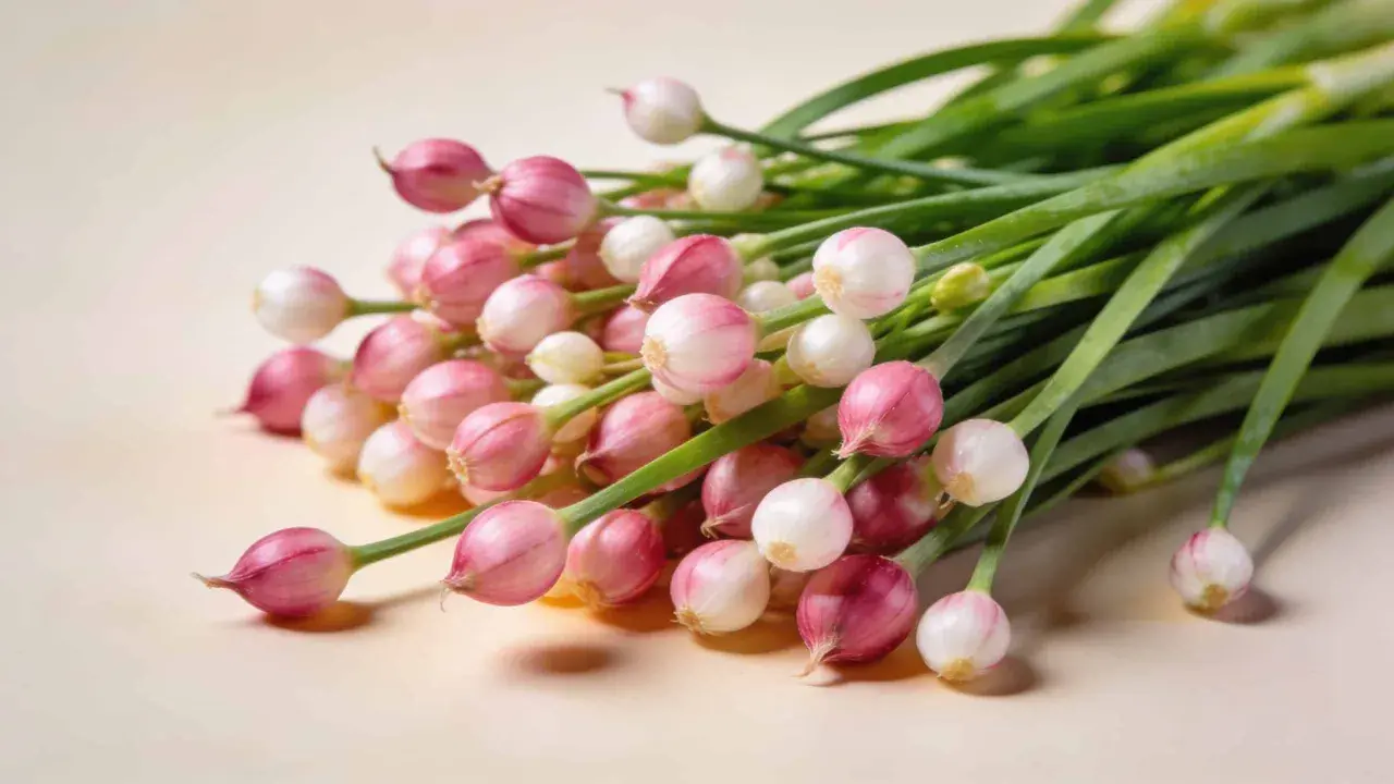 Un bouquet de ciboulette, ses jeunes pousses roses et blanches, prêtes à pousser à l'ombre ou au soleil.