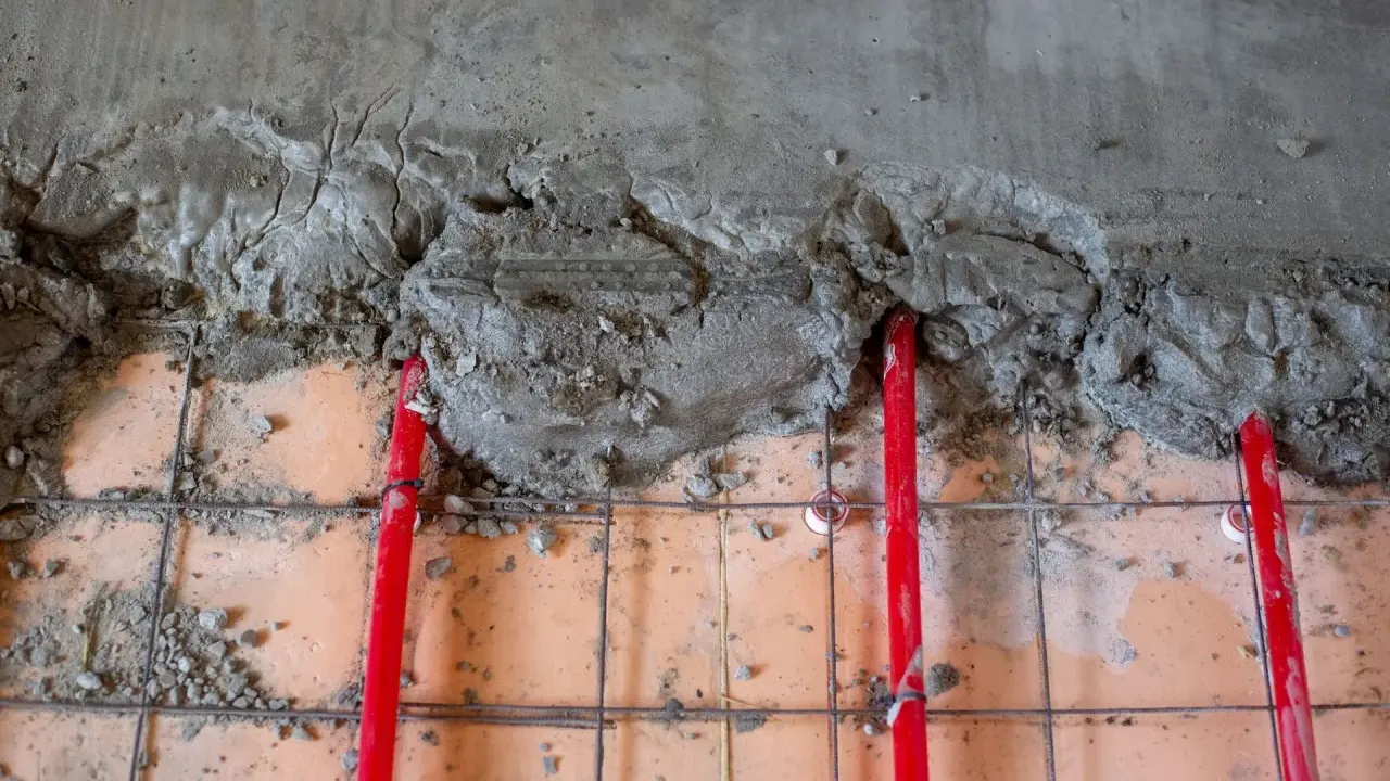 Czerwone rury ogrzewania podłogowego częściowo przykryte mokrą wylewką cementową. Wybór odpowiedniej wylewki na ogrzewanie podłogowe jest kluczowy.