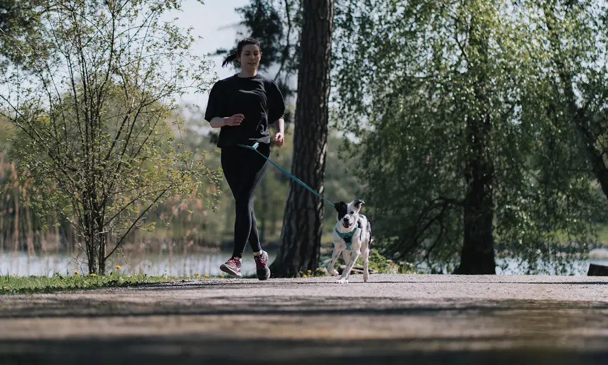 En ung kvinna och hennes hund springer längs en stig i en park. De njuter av våren och frisk luft.
