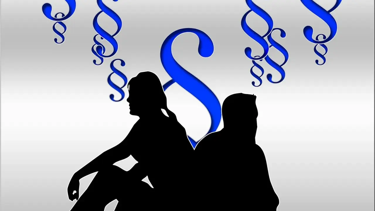 Sylwetki pary siedzą plecami do siebie, otoczone symbolami paragrafu, co sugeruje trudny podział majątku po rozwodzie.