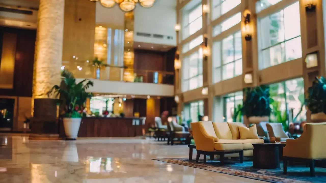 Eleganckie lobby hotelu 10 gwiazdkowego z marmurową podłogą, wygodnymi sofami i bujną roślinnością.
