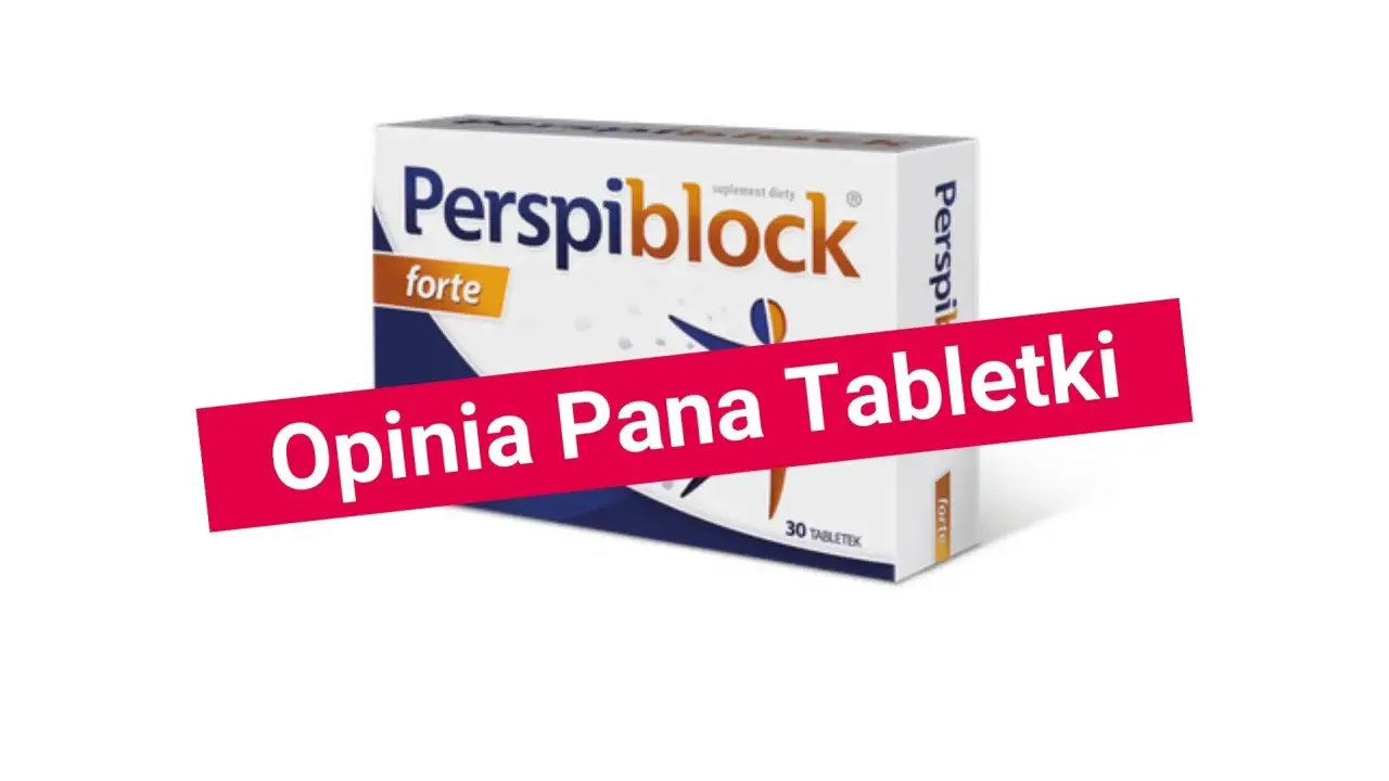 Opakowanie suplementu diety Perspiblock forte, który jest blokerem potu. Widoczna czerwona wstęga z napisem "Opinia Pana Tabletki".