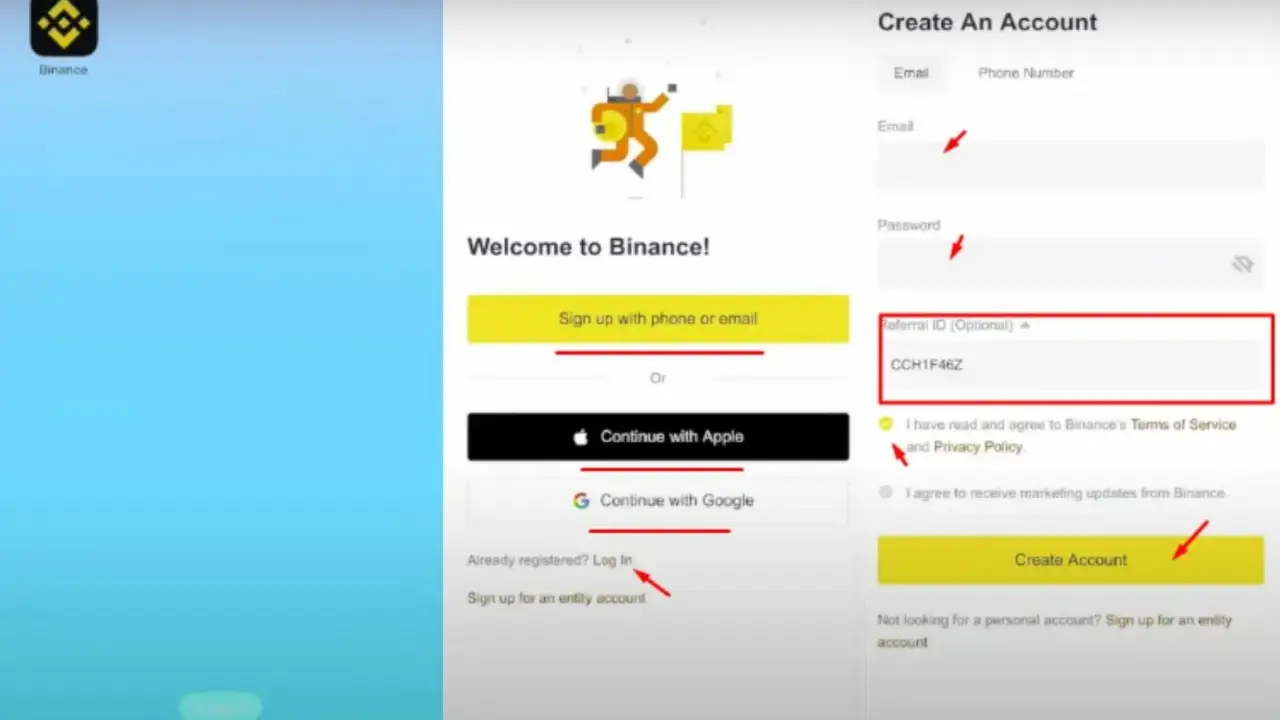 Ekran rejestracji na Binance. Dowiedz się, jak zacząć, wypełniając formularz lub logując się przez Apple/Google. Wpisz kod polecający CCH1F46Z.