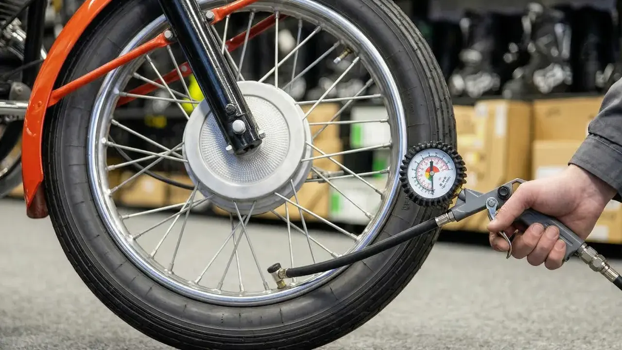 Sprawdzanie ciśnienia w oponach motocykla. Manometr pokazuje aktualne wartości, pomocny przy odczycie z tabeli ciśnienia w oponach.