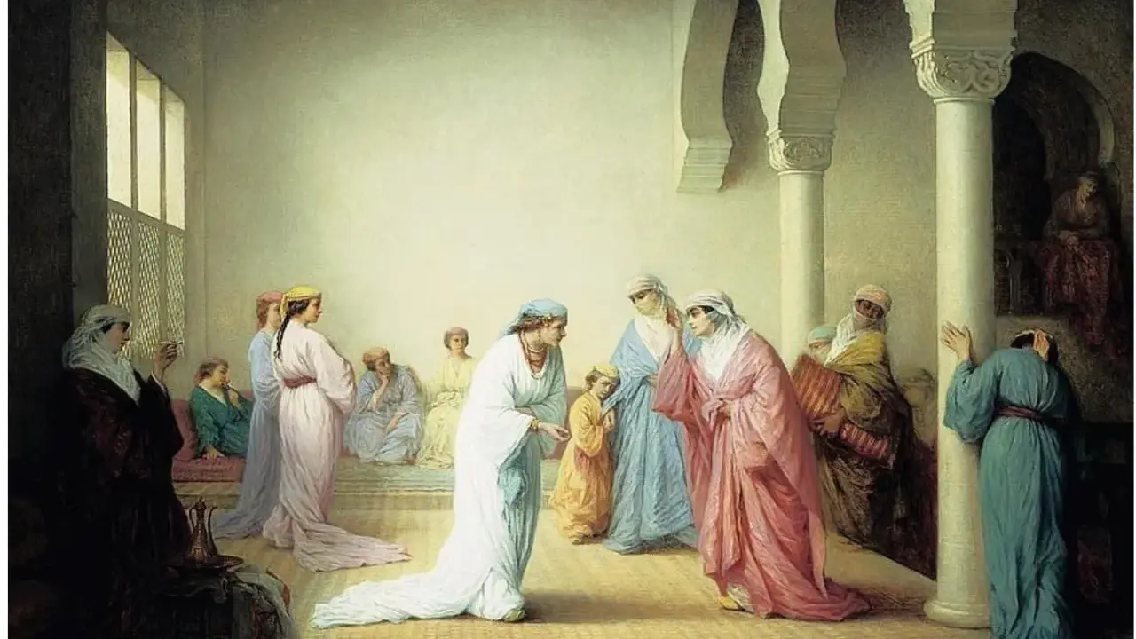 A scene of women in flowing robes in an ornate interior, a classic example of orientalism art, with arched columns and patterned floors.